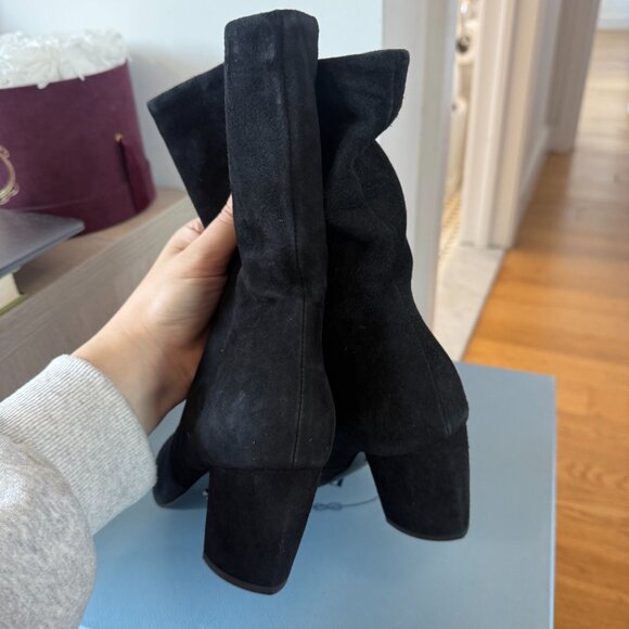 NWt Prada Mid Calf Boots Black Suede Leather Pointed Toes Block Heels Sz 35 - Picture 8 of 10